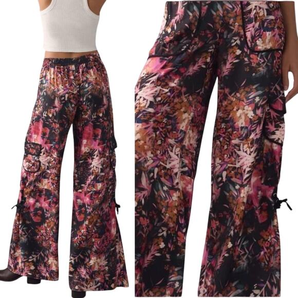 Anthropologie Palazzo Utility Cargo Pant $140 Pink Black Floral Flowy Size 10 - Picture 3 of 16